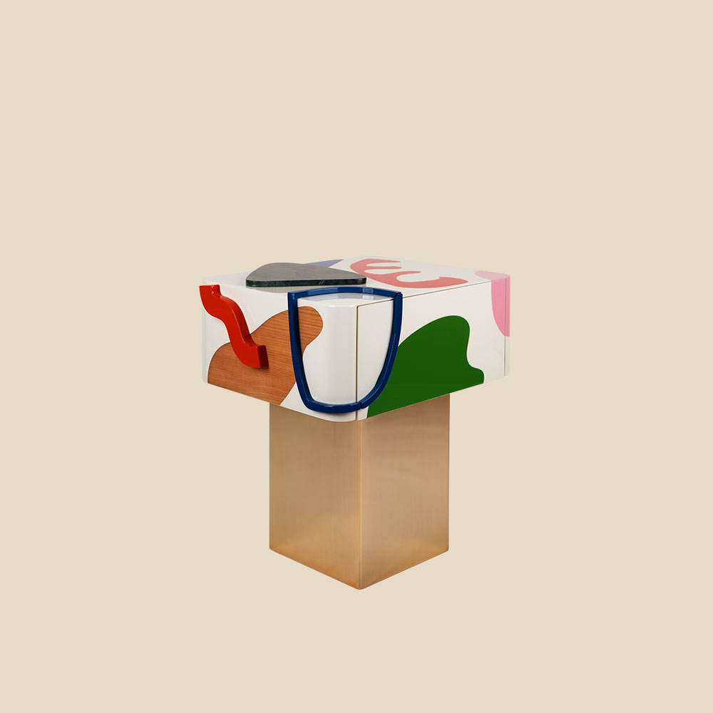 Fauves bedside table features a wooden structure hand-painted with simple abstract forms but bold colors, adorned with verde guatemala marble, supported by a polished brass base.