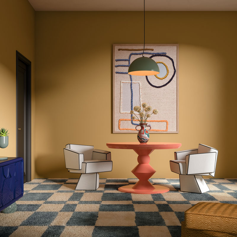 Malabar celebrates the art of dining with bru tel dining chair upholstered in white velvet with blue piping, placed in a dining space next to the petit cortez ii dining table lacquered in coral orange, set on a patterned square rug in blue and beige named cast by beni, with artwork titled bzar 1.