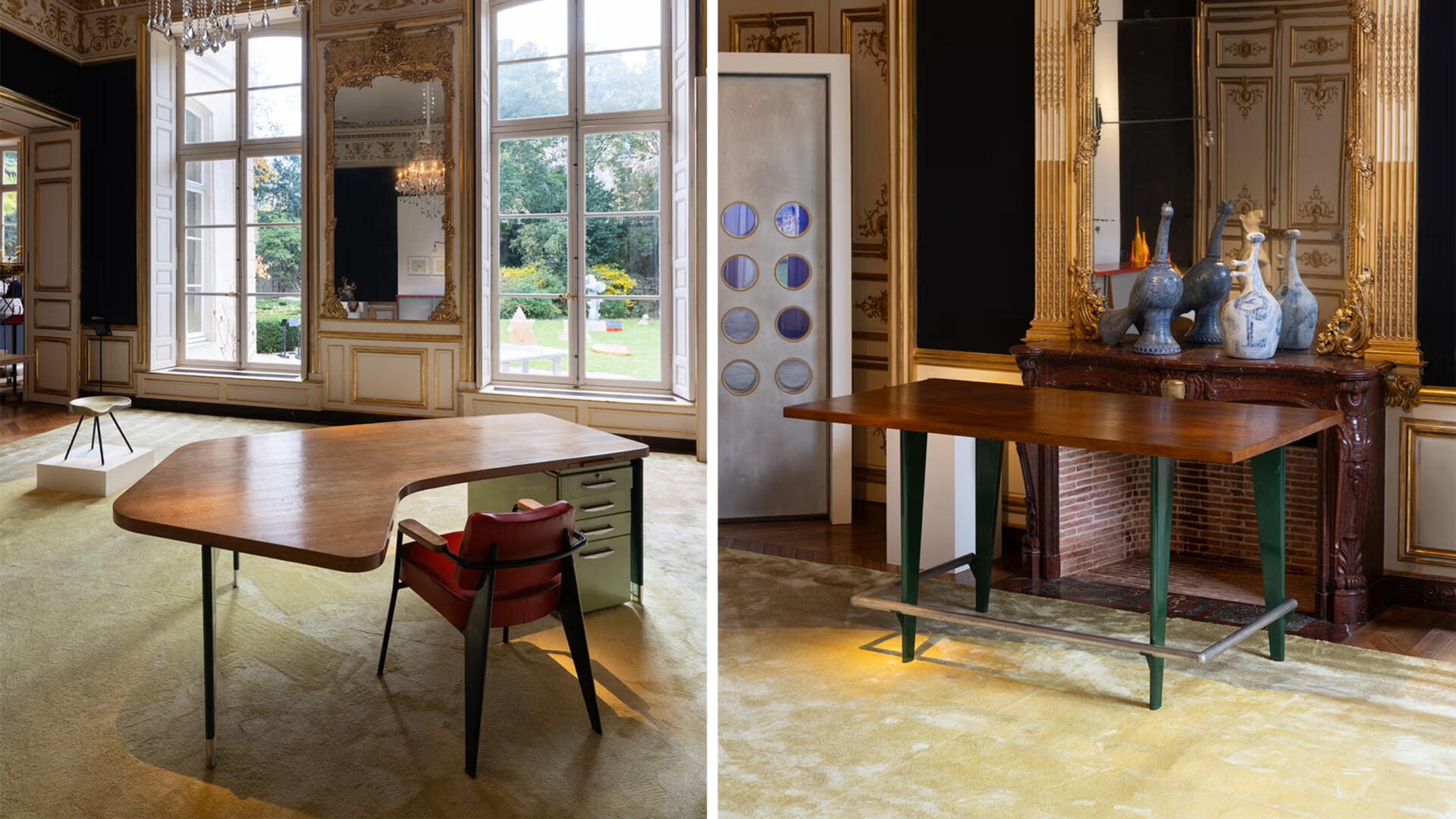 Bureau présidence (c. 1951) and table à plans (1951) by jean prouvé presented by laffanour design miami. Paris 2025