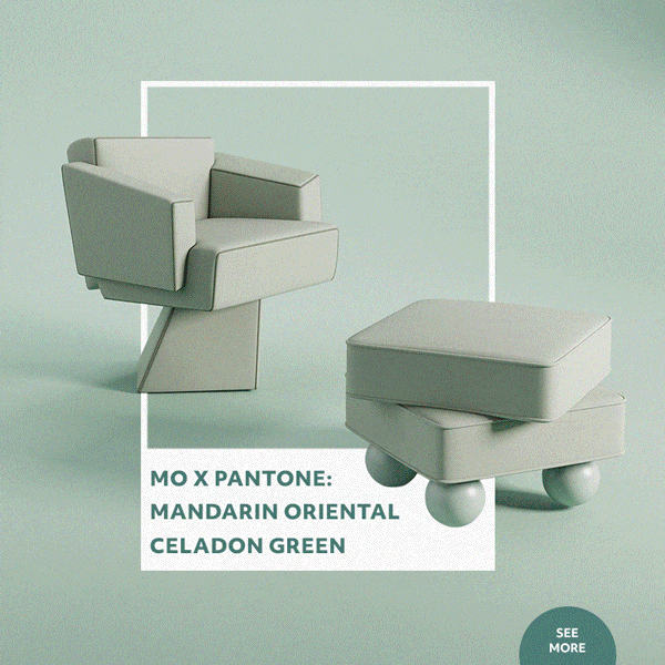 Animated gif featuring the bru tel dining chair and madonna stool displayed at the mandarin oriental hyde park in london, part of a collaboration with pantone celebrating the new celadon green color, showcasing several elegantly designed rooms within the space.