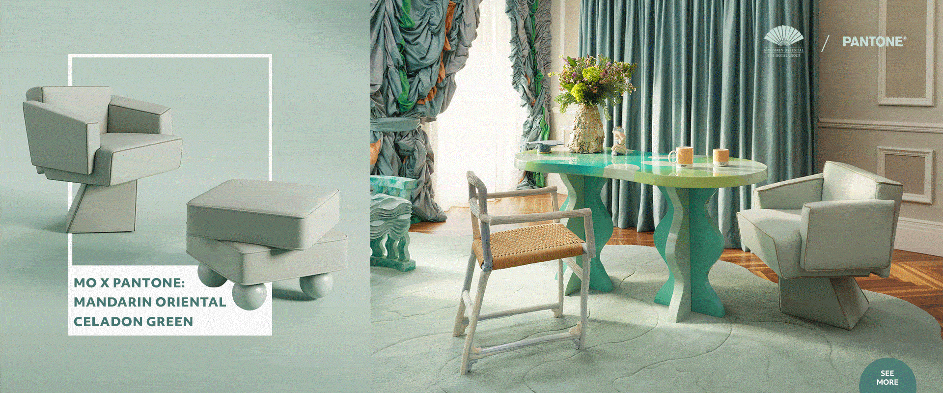Animated gif featuring the bru tel dining chair and madonna stool displayed at the mandarin oriental hyde park in london, part of a collaboration with pantone celebrating the new celadon green color, showcasing several elegantly designed rooms within the space.