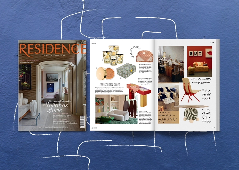 Residence magazine cover next to the spread pages featuring the la vie console and the circulus dining table by malabar.