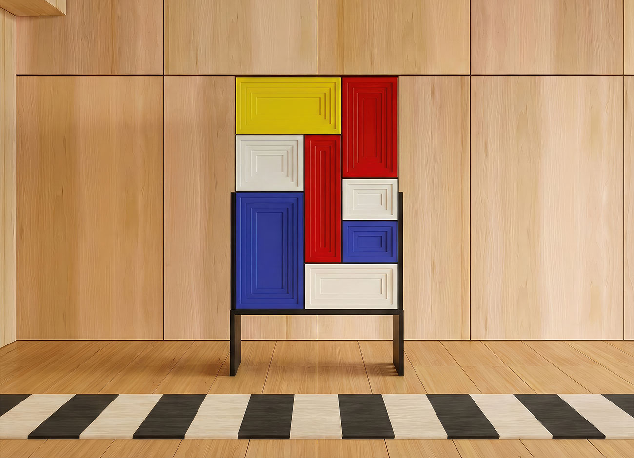 Venezia cabinet Venezia cabinet in a modern interior, placed behind a black-and-white striped rug; the cabinet features bauhaus design influences and mondrian-inspired color blocks.