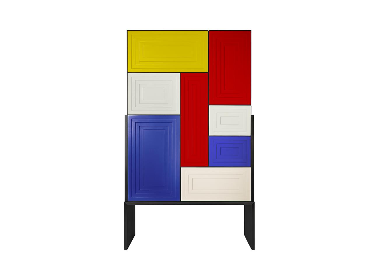 Venezia cabinet Venezia cabinet set against a white background, featuring a mondrian-style color palette and black metal details.