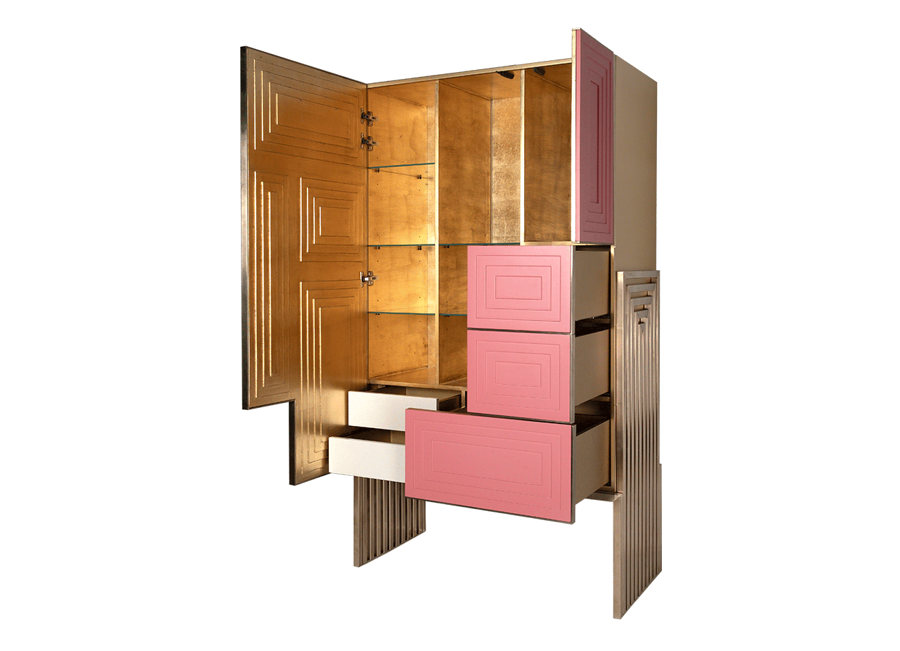Venezia cabinet Venezia cabinet at a 45-degree angle with open doors and drawers, showcasing the interior light turning on and off.