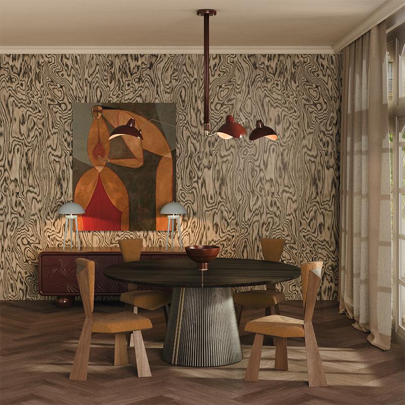 Kju bist dining chair in a dining room with warm, low lighting, living to the max with the henry dining table illuminated by a dark red lacquered chelsea suspension lamp, alongside the mon ooh sideboard in matching lacquer with brera table lamps on top, set against a wall with artwork and sottsass wood paneling.