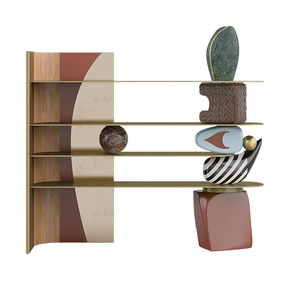 A front view of a sculptural designer bookshelf against a solid black background. The piece features four thin, gold-toned metal shelves supported on the left by a curved vertical panel with wood grain, terracotta, and cream accents. On the right, the shelves are balanced by a vertical stack of colorful, organic, and geometric shapes, including a red ceramic base, a black-and-white striped form, and a green stone at the top. A single brown marble sphere rests on the second shelf.