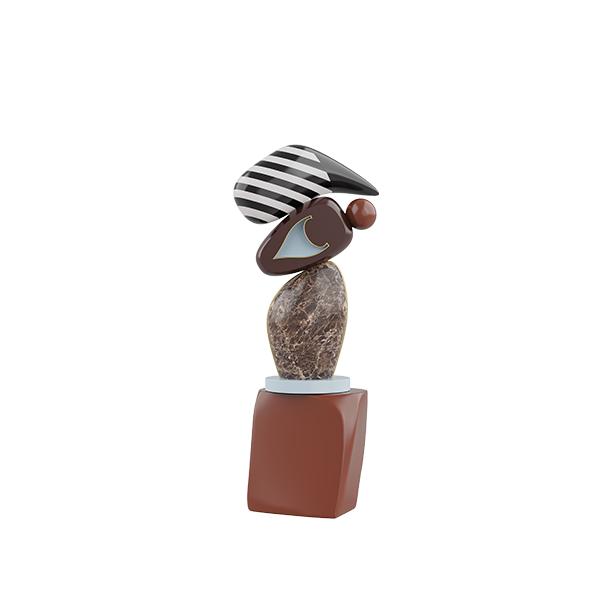A vertical abstract sculpture titled echoes ii totem. It features a stack of distinct forms: a terracotta-colored base, a large brown marble-textured oval, a dark chocolate-brown element with a pale blue inset, and a black and white striped top piece.