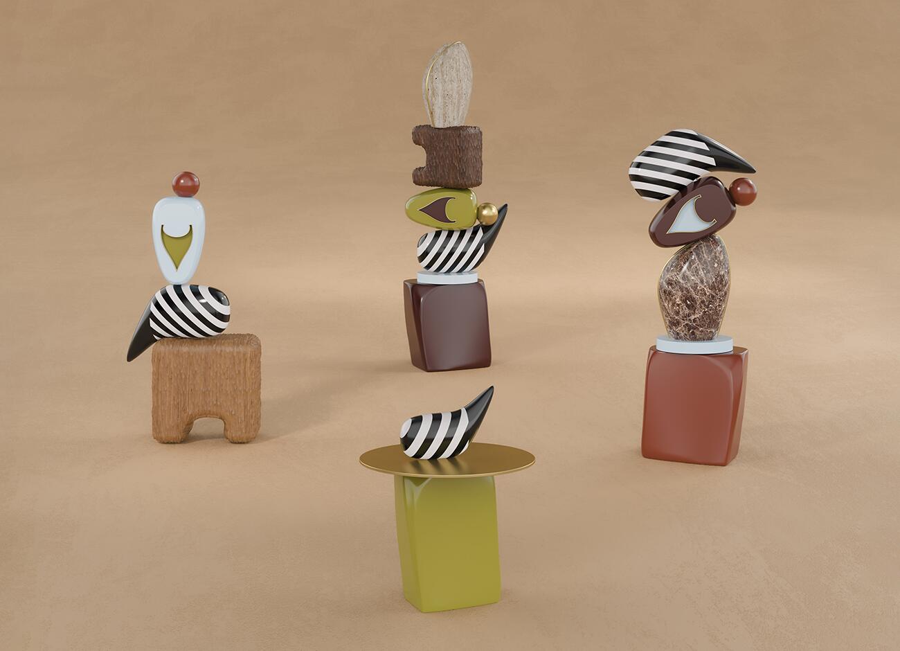 A group of four abstract sculptural totems from the echoes series, arranged on a beige surface. The pieces showcase a harmonious mix of striped patterns, organic textures, and geometric forms.