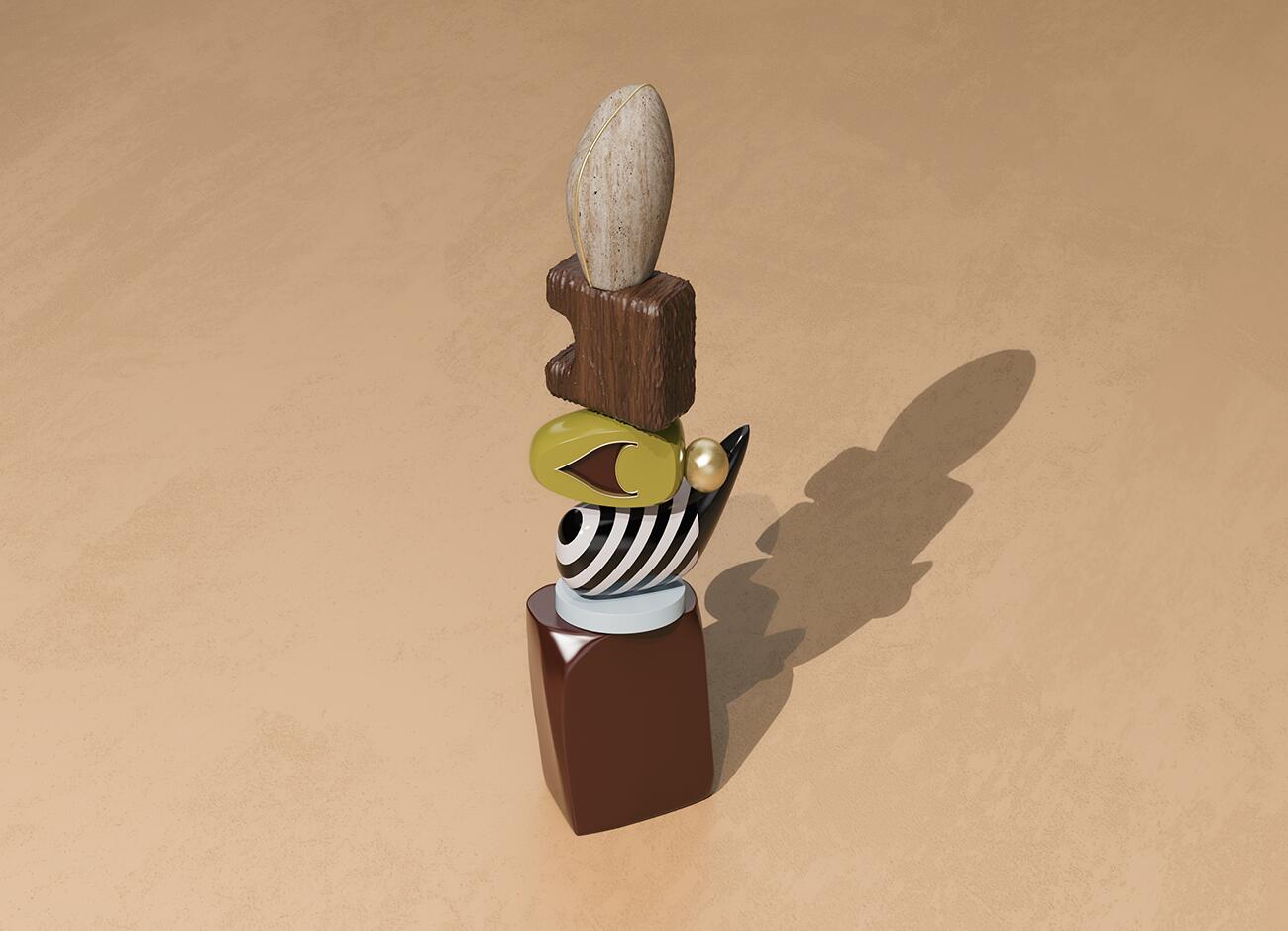 A high-angle view of the echoes i totem sculpture, casting a long, soft shadow on a sandy-textured floor, highlighting the balance and verticality of the stacked elements.