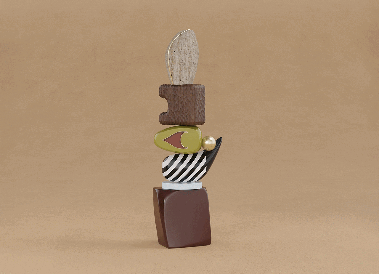 An animated 360-degree rotation of the echoes i totem, revealing the intricate textures and varying profiles of its wood, stone, and striped ceramic components.