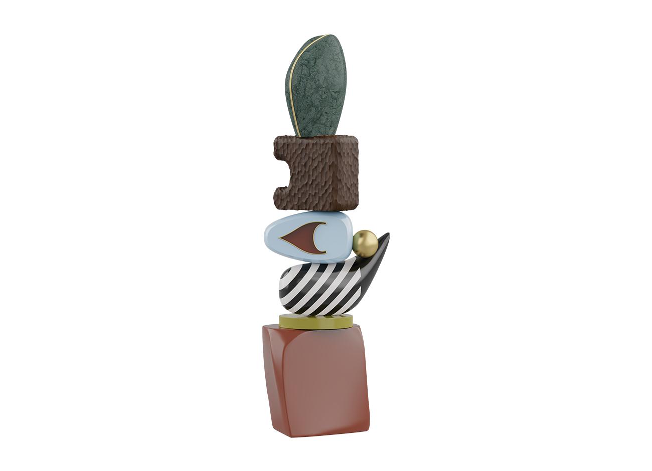 A vertical arrangement of abstract forms titled echoes i. The stack includes a reddish-brown base, a zebra-striped element, a pale blue oval with gold trim, a carved wooden block, and a green marble top.