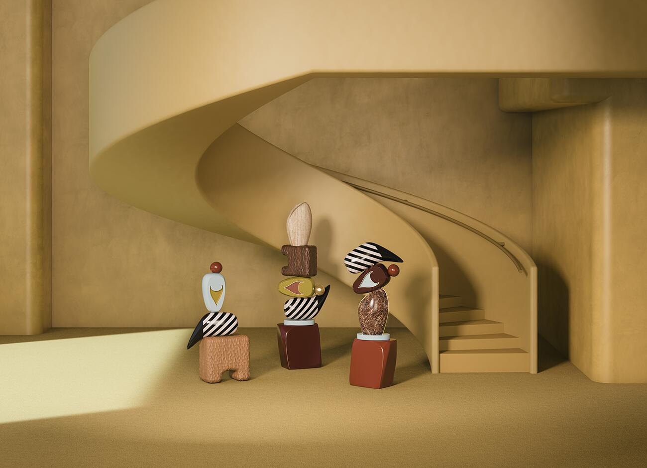 Three sculptures from the echoes collection placed in a minimalist room with a sweeping, monochromatic spiral staircase in the background, illuminated by soft sunlight.