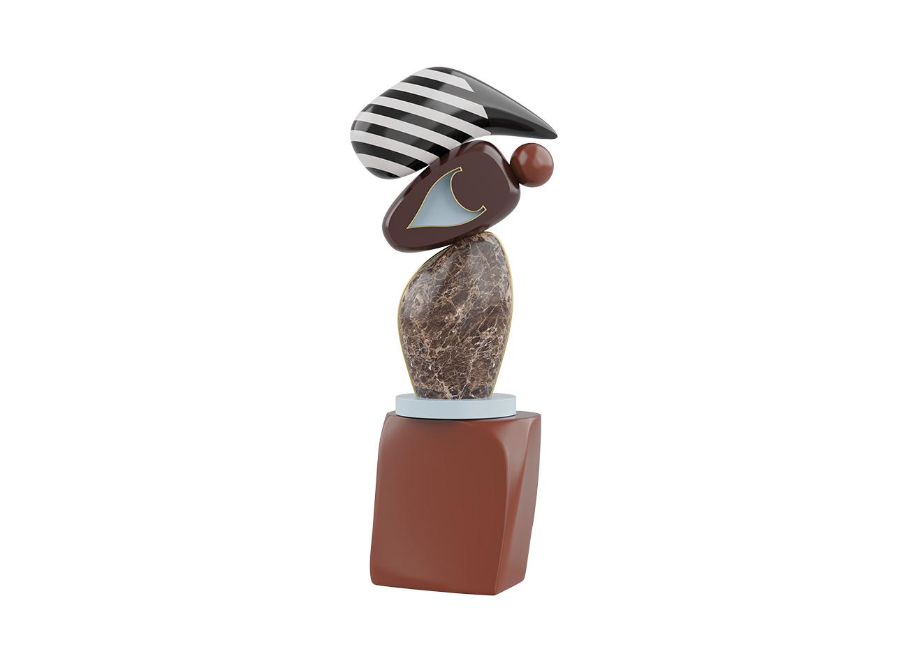 A vertical abstract sculpture titled echoes ii totem. It features a stack of distinct forms: a terracotta-colored base, a large brown marble-textured oval, a dark chocolate-brown element with a pale blue inset, and a black and white striped top piece.