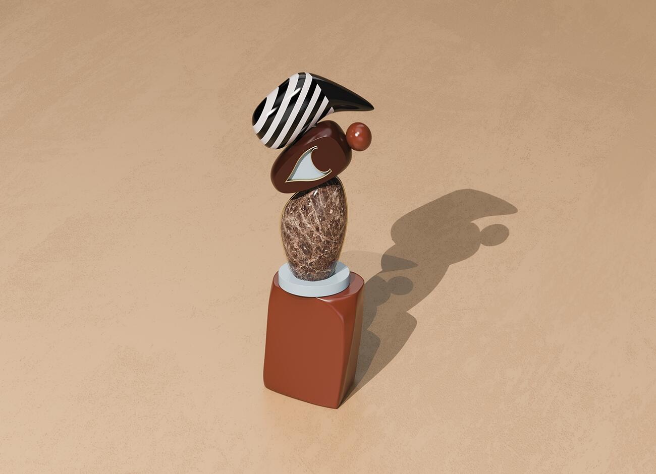 A high-angle view of the echoes ii totem sculpture on a beige textured floor. The lighting creates a distinct, elongated shadow to the right, emphasizing the organic shapes of the marble, ceramic, and striped components.