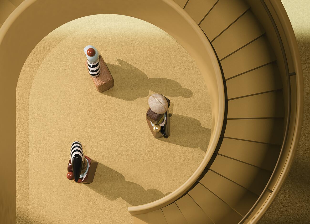 A top-down aerial view of three abstract totems from the echoes collection, arranged on a sand-textured floor. The sculptures are framed by the elegant curve of a monochromatic spiral staircase, with dramatic overhead lighting creating long, rhythmic shadows that mimic the shape of the staircase's steps.