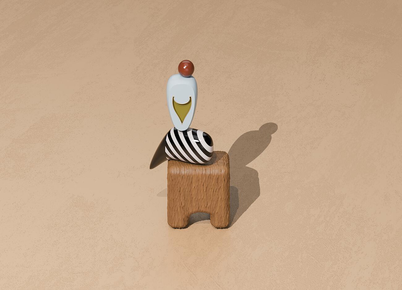 A high-angle perspective of the echoes iii totem on a warm beige surface. The composition creates a soft, rounded shadow, emphasizing the play between the rough wood texture and the smooth, glossy finish of the ceramic-like top pieces.