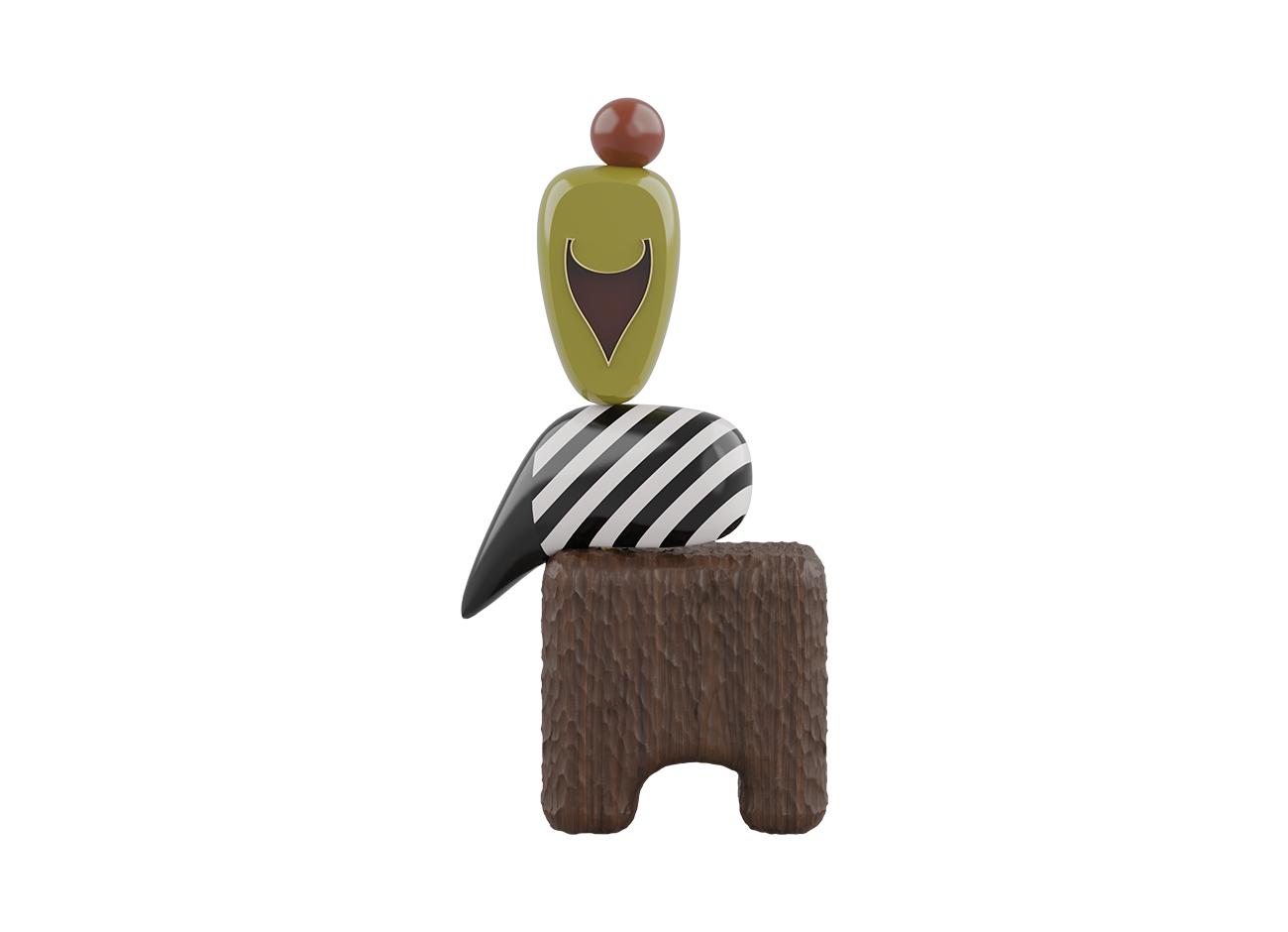 A variation of the echoes iii totem featuring a darker, rich chocolate-toned wooden base. The upper elements include the signature striped curve and a mustard-yellow oval with a dark inset, topped with a terracotta-colored sphere.