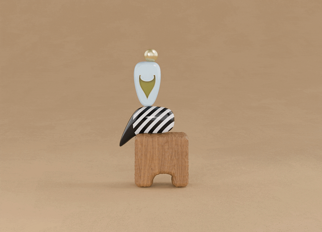 An animated 360-degree rotation of the echoes iii totem. The movement highlights the artisanal texture of the carved wooden base and the precise, off-center balance of the striped and pale blue geometric forms.