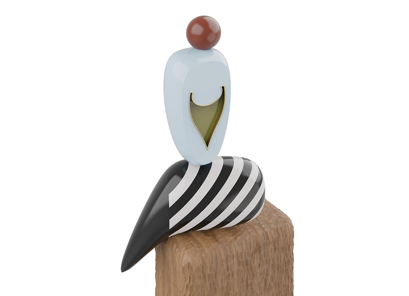 A perspective close-up of the echoes iii totem, focusing on the intersection where the glossy striped element meets the hand-carved grain of the wooden pedestal.