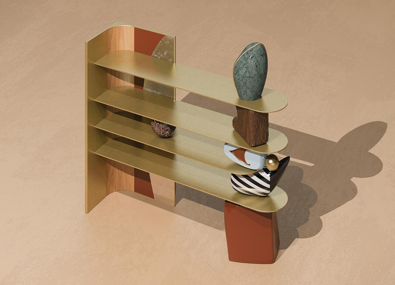 A three-quarter perspective view of the echoes bookshelf in a beige studio environment. Harsh diagonal lighting casts a detailed shadow of the structure and its sculptural elements onto the floor and wall. The angle emphasizes the thinness of the golden shelves and the elegant curve of the wooden side panel.