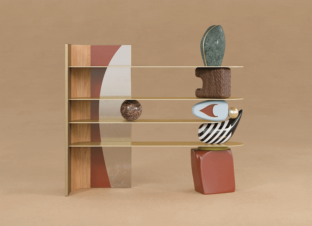 An animated gif showing the echoes bookshelf in a warm, sandy-toned studio setting. The animation smoothly toggles between the full bookshelf and a version where the decorative support elements (the stacked sculptural shapes on the right and the marble sphere) appear and disappear, showcasing the minimalist structure of the shelves.