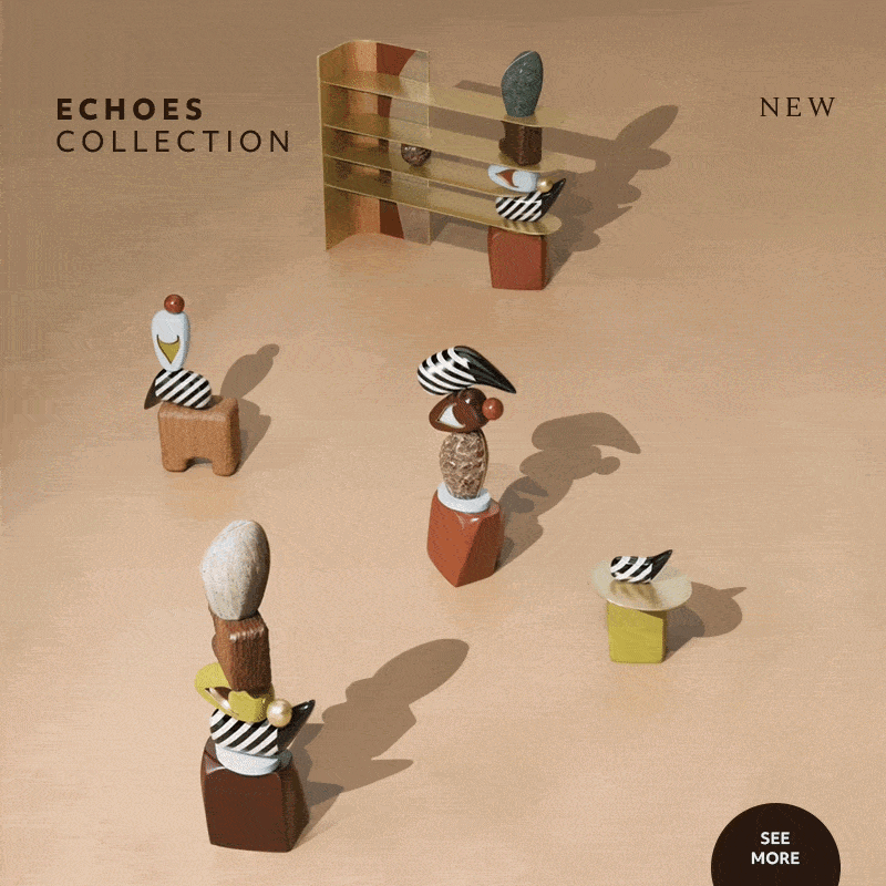 A composite product photograph on a warm beige background, showcasing various furniture pieces and sculptures from malabar's 'echoes collection'. The scene includes stylized totems, a modern brass-plated and stone bookshelf, and a mixed-material side table. All items are arranged in an abstract, sculptural composition, cast in warm, dramatic light. Text in the upper corners reads 'echoes collection' and 'new'. A 'see more' button is at the bottom right.