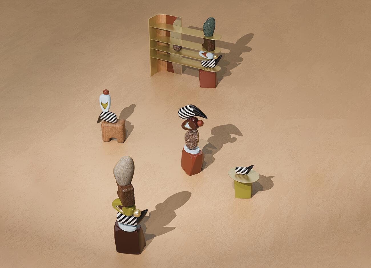 A high-angle, isometric view of the echoes furniture collection arranged on a textured beige surface. In the background stands the brass echoes bookshelf, holding various decorative objects. In the foreground, scattered around the space, are the echoes side table and three distinct, abstract sculptural stacks—the echoes i, ii, and iii totems. The totems are composed of stacked geometric shapes, wood blocks, stone textures, and signature black and white striped curved elements. Strong shadows are cast to the right.