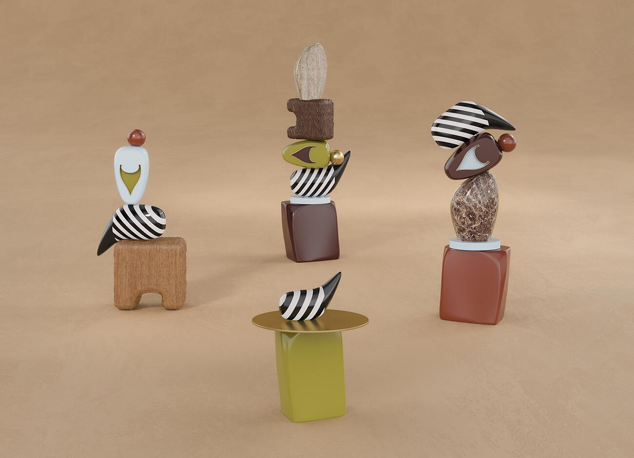 A straight-on, eye-level view featuring four pieces from the echoes collection against a plain beige background. In the center foreground is the echoes side table with its olive-green base and brass top. Arranged behind and around it are the echoes i, ii, and iii totems. These tall, abstract sculptures are formed by stacking contrasting shapes and materials, prominently featuring black and white striped horn-like ornaments.