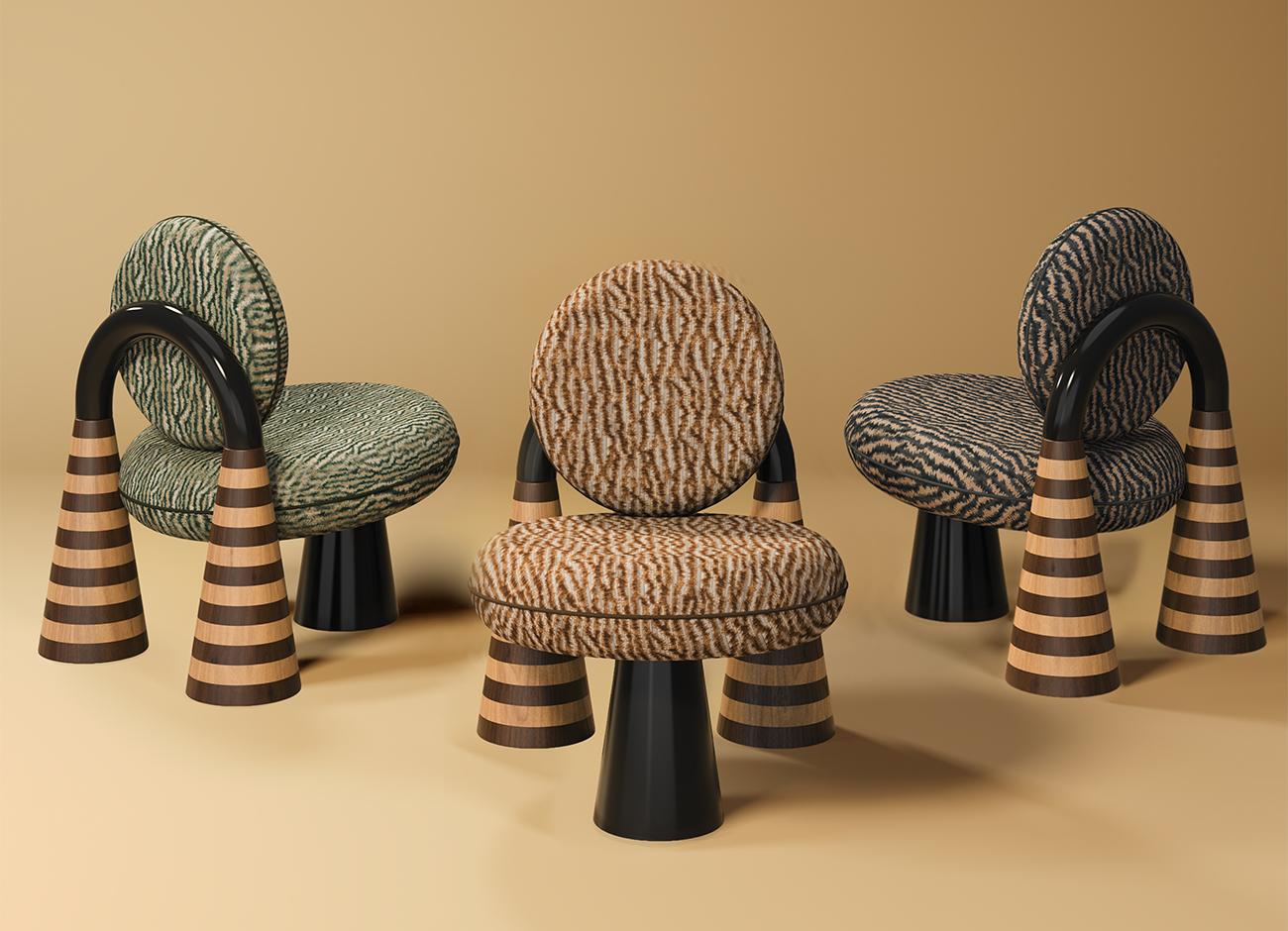 A studio composition featuring three totara armchairs by malabar, showcasing a sculptural postmodern design. Each armchair has voluminous, circular seat and backrest cushions upholstered in misia fabric with textured organic patterns in shades of green, earth, and grey. The back structure is defined by a dramatic arch in high-gloss black lacquer, resting on two chunky conical legs featuring handcrafted oak and smoked walnut checkerboard marquetry. A third central cone-shaped leg in black supports the front. The set is arranged against a neutral, warm-toned background, highlighting the statuesque silhouette of the pieces.
