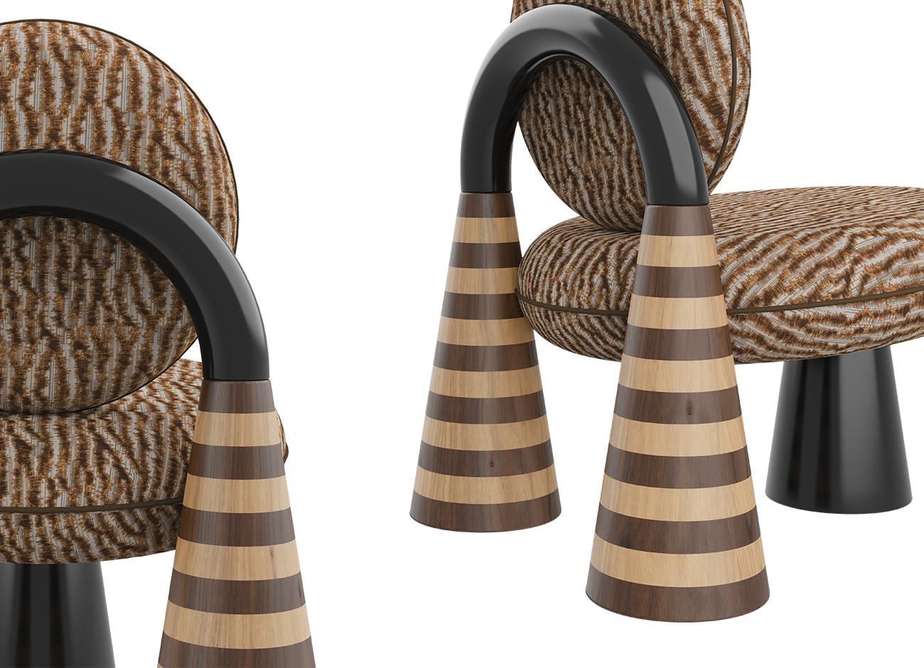 This image showcases the totara armchair, a sculptural and avant-garde furniture piece designed by omer ozturk. The design is a bold exercise in postmodern aesthetics, blending geometric silhouettes with rich, organic textures.