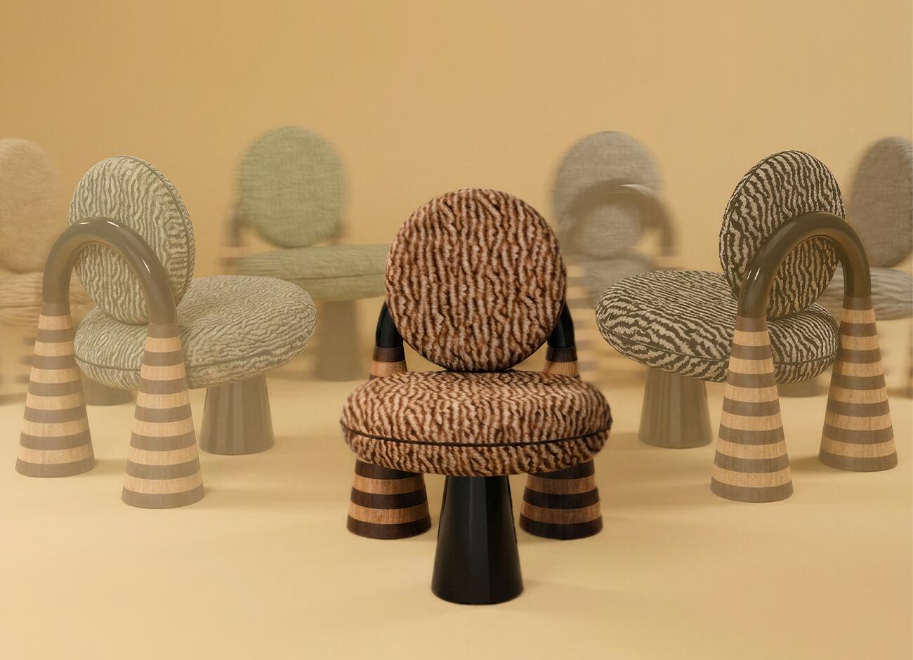 This image showcases a dynamic, conceptual display of the totara armchair by omer ozturk. While the previous image focused on the intricate textures of a single piece, this composition highlights the chair’s versatility and sculptural silhouette through a variety of colorways and finishes.