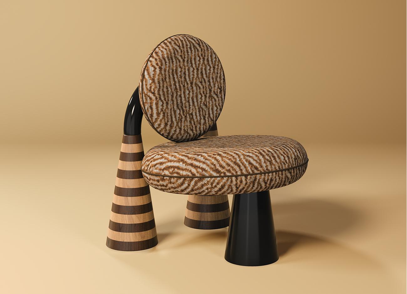 A front-three-quarter studio shot of the totara armchair by malabar. The piece features a thick, circular seat and a smaller round backrest, both upholstered in a textured brown and ochre misia fabric with a rhythmic, organic pattern. A signature high-gloss black lacquer arch frames the backrest, transitioning into two rear conical legs decorated with horizontal oak and smoked walnut marquetry. A single, solid black conical leg supports the front. The chair is set against a warm, neutral background.