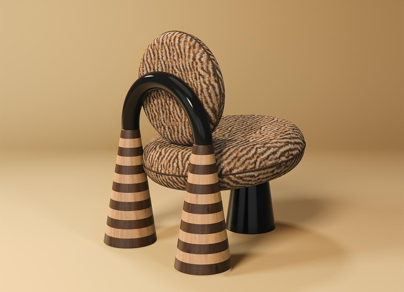 A rear-three-quarter view of the totara armchair by malabar, highlighting its architectural construction. This angle showcases the full curve of the glossy black lacquer arch and the detailed craftsmanship of the striped wood marquetry on the two large conical rear legs. The circular misia fabric cushions are visible from behind, emphasizing the chair's voluminous, sculptural form. The piece is presented on a smooth, warm-toned studio surface.