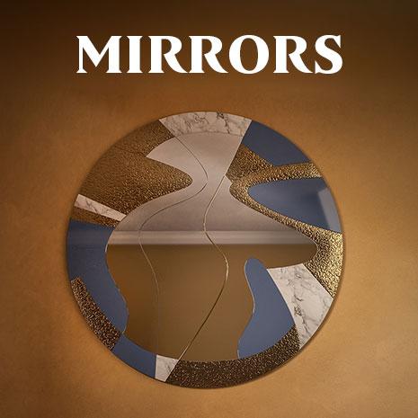 A large, circular decorative mirror, the starry mirror, with an intricate design of flowing lines and inlaid segments of blue, gold, and marble patterns. The word "mirrors" is written in bold white text at the top.