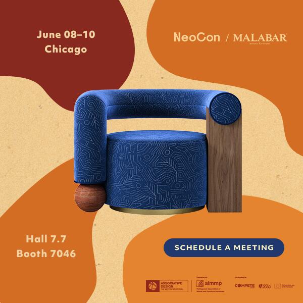 Promotional banner for neocon in chicago featuring the galatea armchair by malabar. The armchair showcases a bold, avant-garde design with vibrant cobalt blue upholstery featuring an intricate, pattern. Its unique asymmetrical structure includes a rounded backrest supported on one side by a natural wood block and on the other by travertine rosso sphere. The chair sits on a slim gold metallic base against a stylized background of organic shapes in terracotta, orange, and cream.