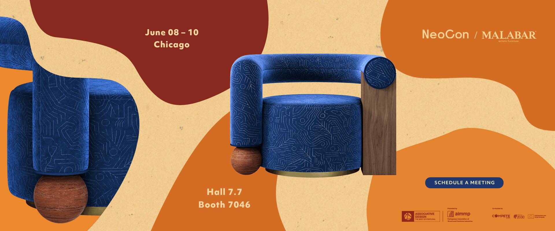 Promotional banner for neocon in chicago featuring the galatea armchair by malabar. The armchair showcases a bold, avant-garde design with vibrant cobalt blue upholstery featuring an intricate, pattern. Its unique asymmetrical structure includes a rounded backrest supported on one side by a natural wood block and on the other by travertine rosso sphere. The chair sits on a slim gold metallic base against a stylized background of organic shapes in terracotta, orange, and cream.