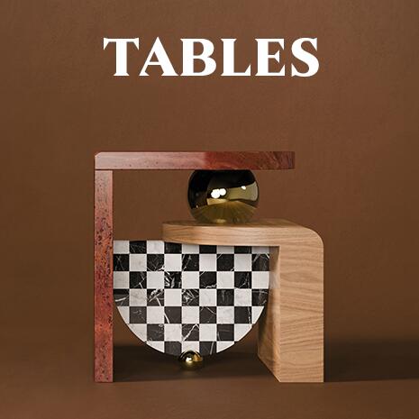Artistic arrangement of geometric furniture piece, against a brown background, featuring, the bohld, a wooden l-shaped table, with a checkered semicircular element, and a golden sphere. The word "tables" is written in bold white text at the top.