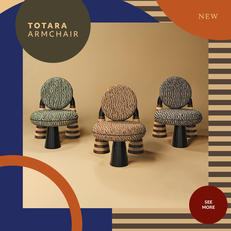 Three totara armchairs with circular upholstered backs and seats, featuring distinctive striped marquetry legs and a central pedestal base, set against a geometric graphic background.