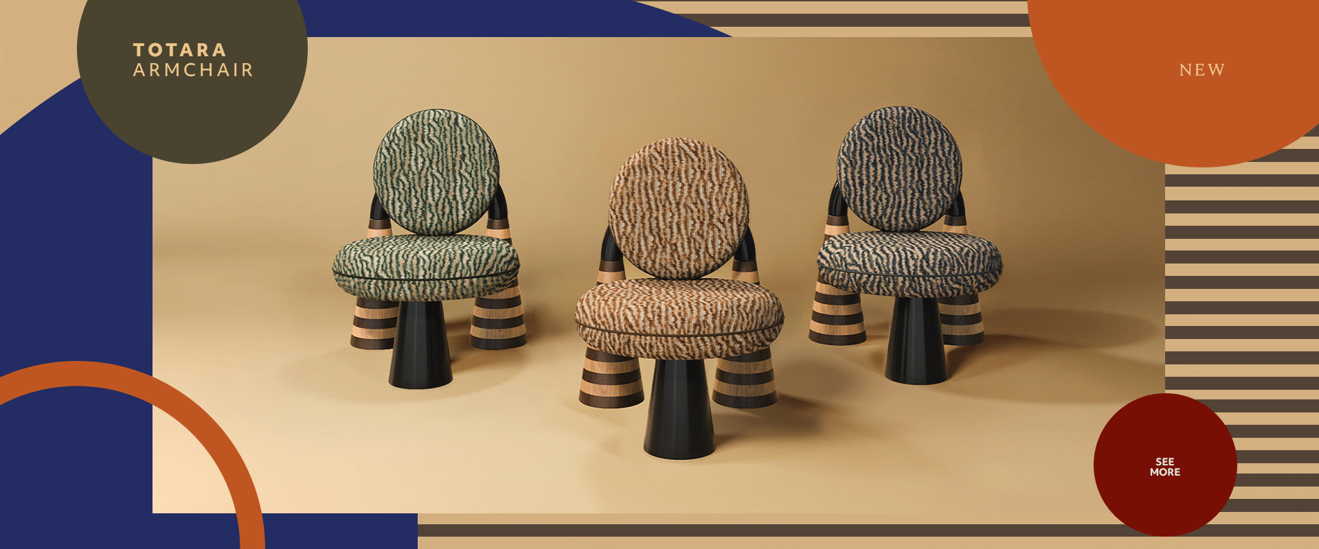Three totara armchairs with circular upholstered backs and seats, featuring distinctive striped marquetry legs and a central pedestal base, set against a geometric graphic background.