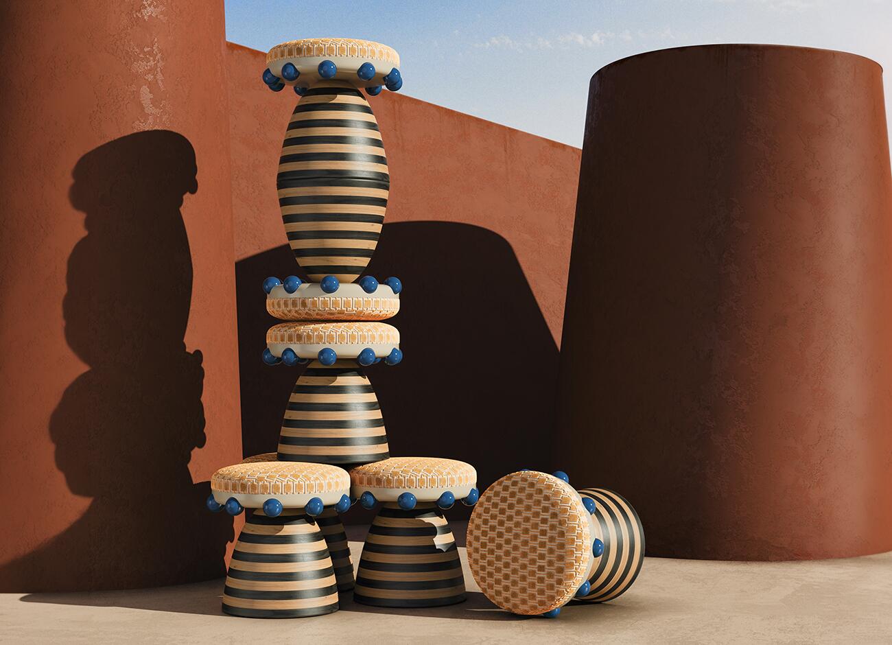 A creative outdoor arrangement of krom mea stools stacked into a tall, sculptural totem against a warm terracotta wall. The stools feature conical bases with horizontal wood stripes and cushioned tops decorated with blue spherical accents. Long, dramatic shadows emphasize the geometric silhouette and tactile textures of the wood and velvet.