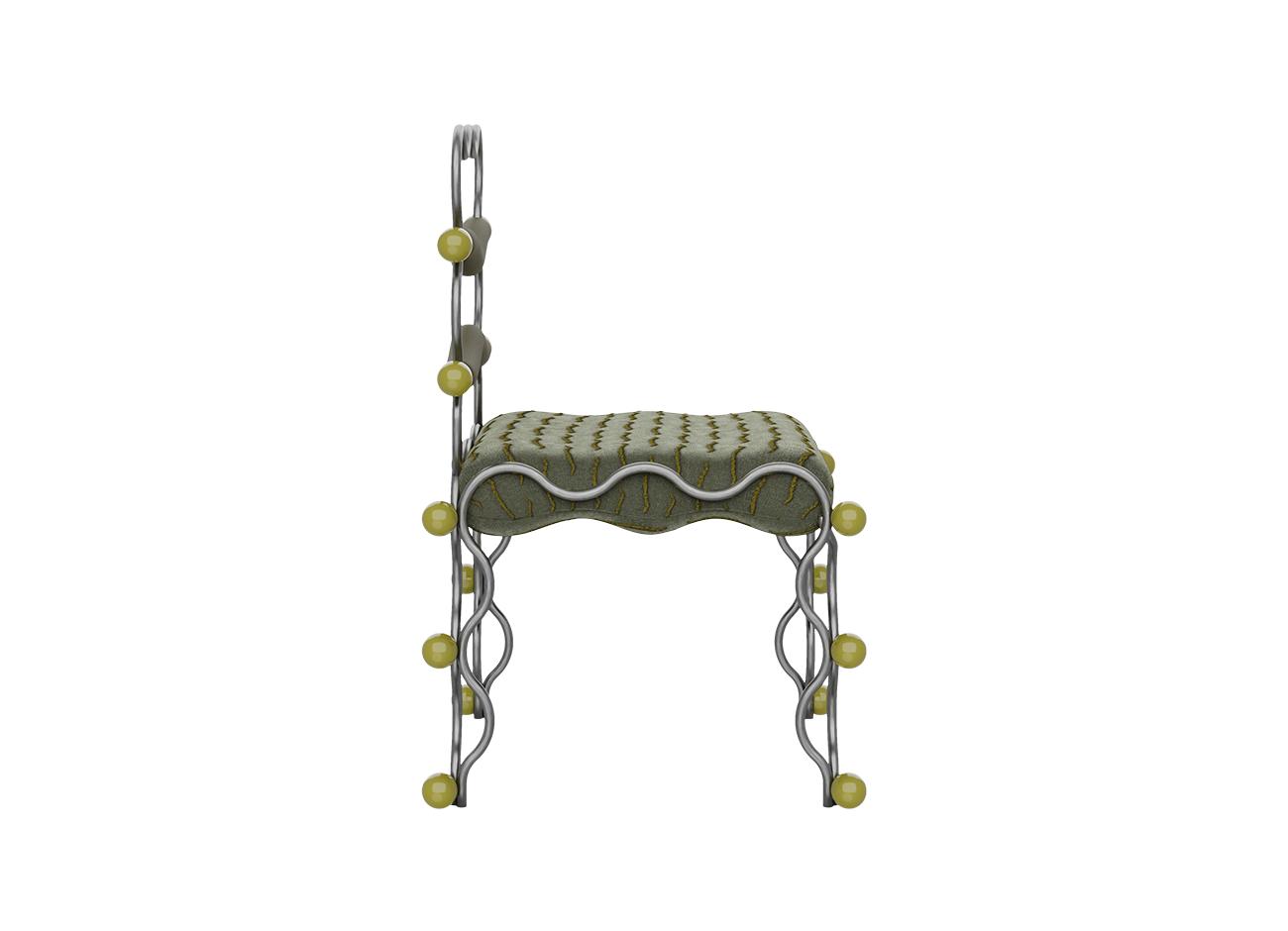 Vela dining chair Profile side view of the vela dining chair by malabar, highlighting its slim, linear yet fluid architecture. The image clearly displays the verticality of the wavy backrest frame, the thickness of the patterned olive-green seat cushion, and the alignment of the glossy spherical details along the front and back undulating legs.