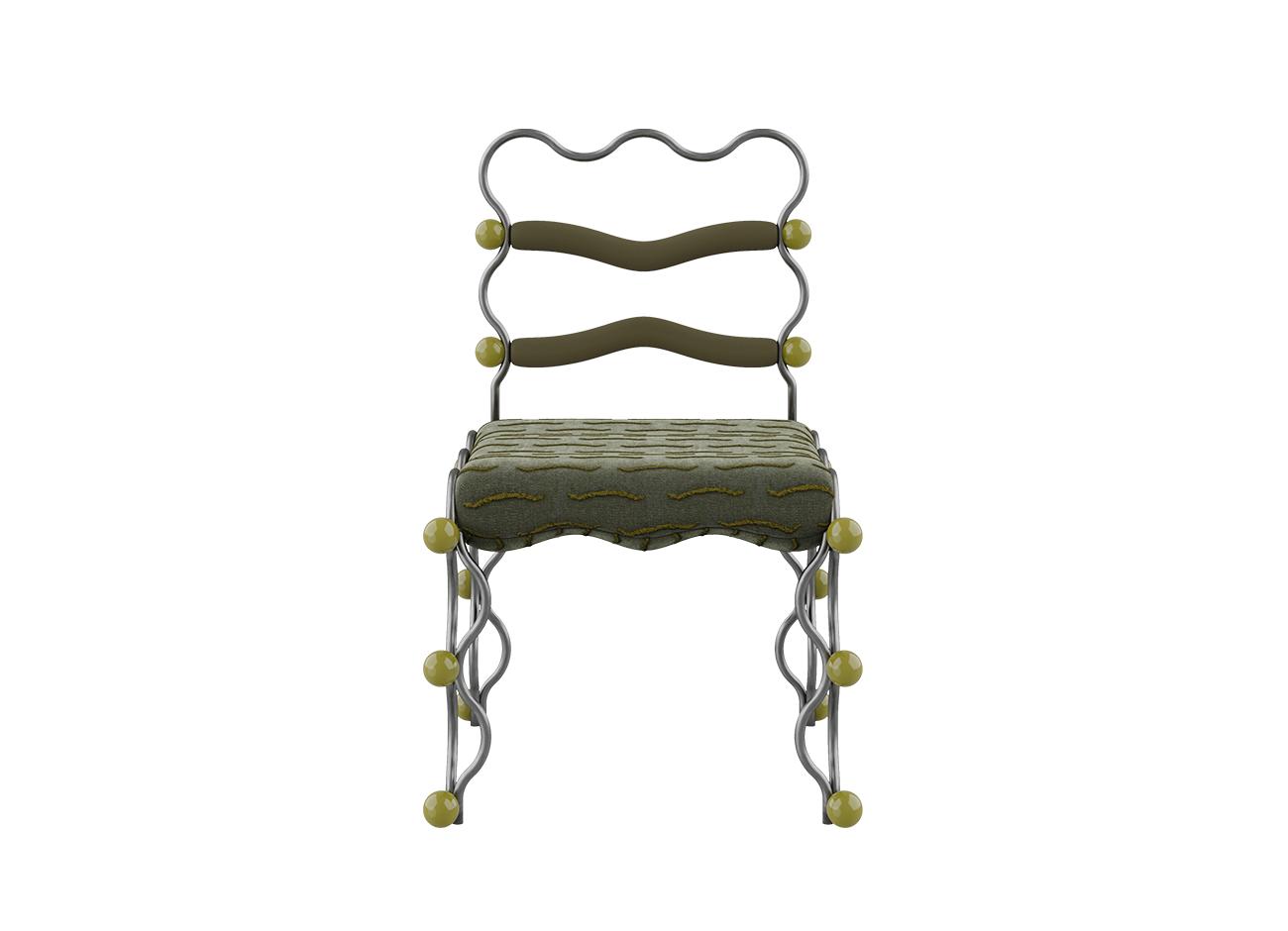 Vela dining chair Front view of the vela dining chair by malabar, showcasing its symmetrical, wavy stainless steel frame. The chair features an olive green patterned upholstered seat, two curved matching green leather back straps, and decorative glossy chartreuse-green spheres attached to the intersection points of the fluid, undulating metal frame.