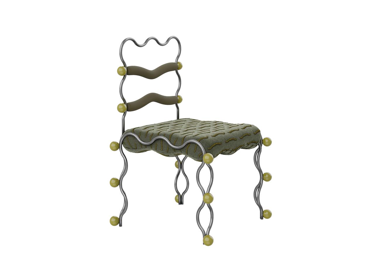 Vela dining chair Three-quarter perspective of the vela dining chair by malabar. The design emphasizes the sculptural, wave-like structure of the metallic frame, twisting down into fluid legs. The seat is covered in textured olive-green fabric with a squiggly pattern, complemented by two wavy horizontal back support bands and glossy spherical accents.