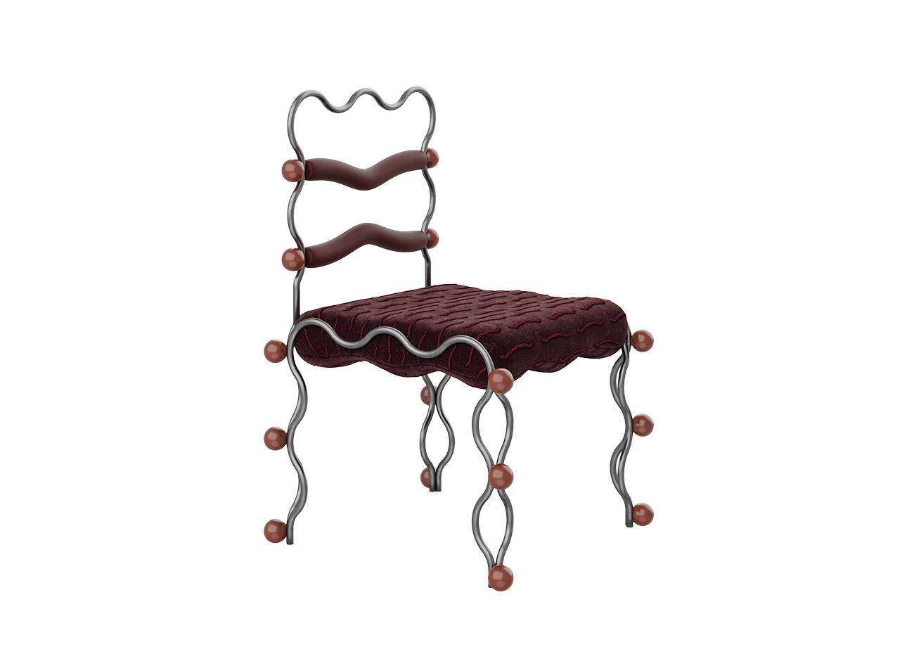Vela dining chair A color variation of the vela dining chair by malabar in a three-quarter view. This version pairs the signature wavy stainless steel framework with a deep burgundy or chocolate brown textured upholstered seat and matching horizontal back straps, finished with glossy reddish-brown spherical accents on the frame joints.