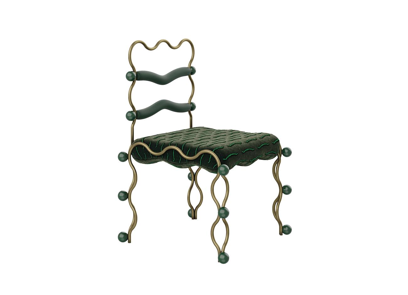 Vela dining chair A dark forest green variation of the vela dining chair by malabar. The piece features a muted brass or gold-toned wavy metallic frame, paired with a dark green upholstered seat with squiggly line details, matching green horizontal back support bands, and glossy dark green spheres decorating the structural joints.