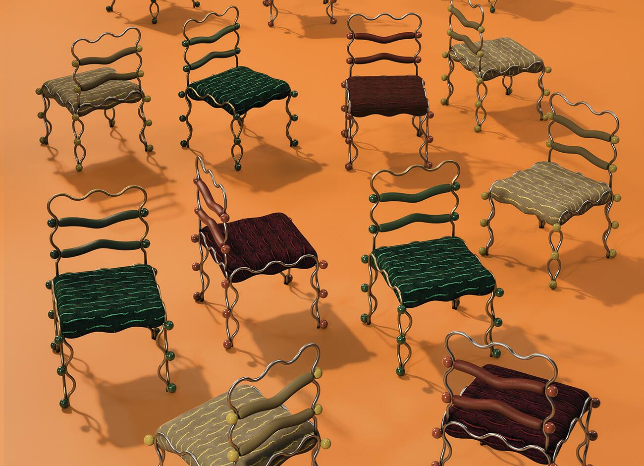 Vela dining chair A top-down, patterned arrangement of multiple vela dining chairs by malabar displayed against a vibrant orange background. The chairs showcase a variety of colorways, featuring wavy metal frames with decorative spheres and textured upholstered seats in shades of deep green, burgundy, and golden taupe.