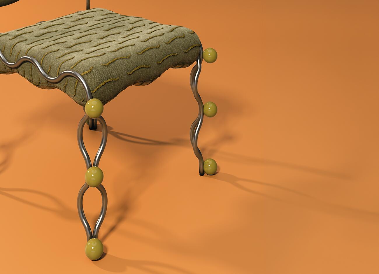 Vela dining chair Close-up cropped view focusing on the lower half of the vela dining chair by malabar. The image highlights the texture of the olive-green patterned seat cushion and the fluid, intertwining curves of the metallic legs, which are punctuated by glossy, olive-green spherical ornaments.