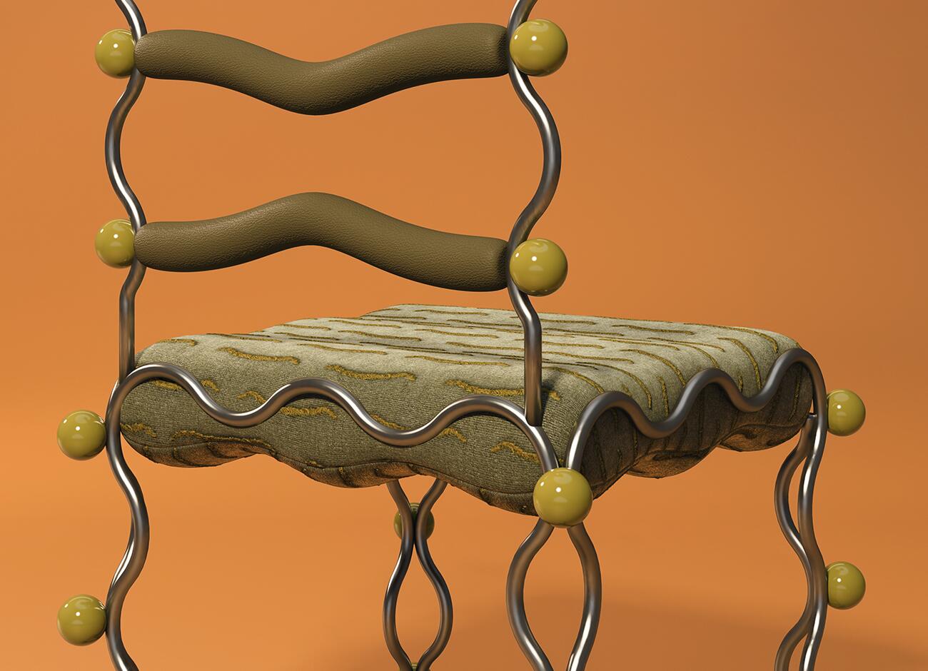 Vela dining chair Close-up detail view of the backrest and seat of the vela dining chair by malabar. The shot highlights the texture of the two curved olive-green leather back support straps, the wave-like motion of the tubular metal frame, the patterned textile of the cushion, and the shiny, smooth finish of the decorative chartreuse spheres.
