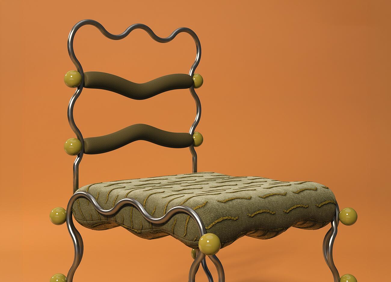 Vela dining chair A mid-shot perspective focusing on the upper profile of the vela dining chair by malabar. It captures the undulating, cresting shape of the top frame, the two organic-shaped back support straps, and how the metal frame transitions down around the patterned green seat cushion.